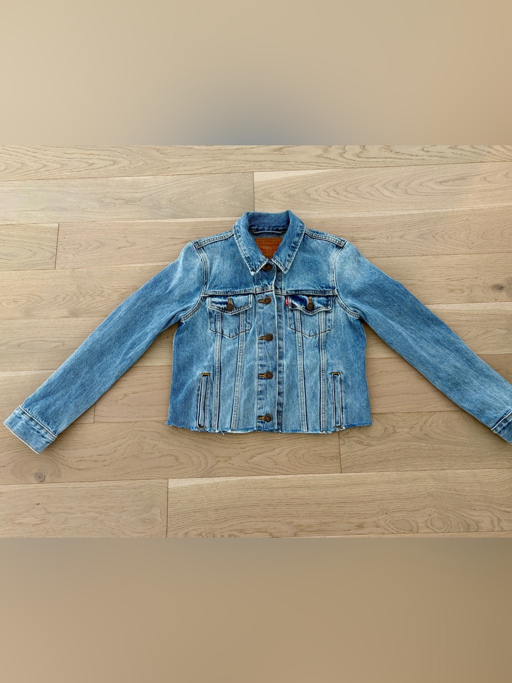Levi's Light Blue Vintage Cropped Red Tab Denim Jacket with Leather Patch (S)